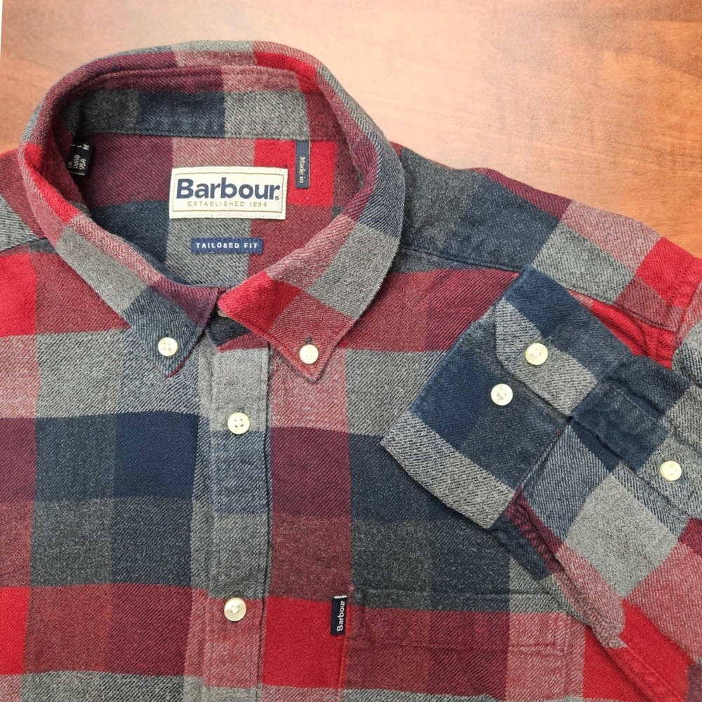 Barbour Stapleton Angus Shirt Mens M Red Navy Buffalo Check Plaid Flannel Casual